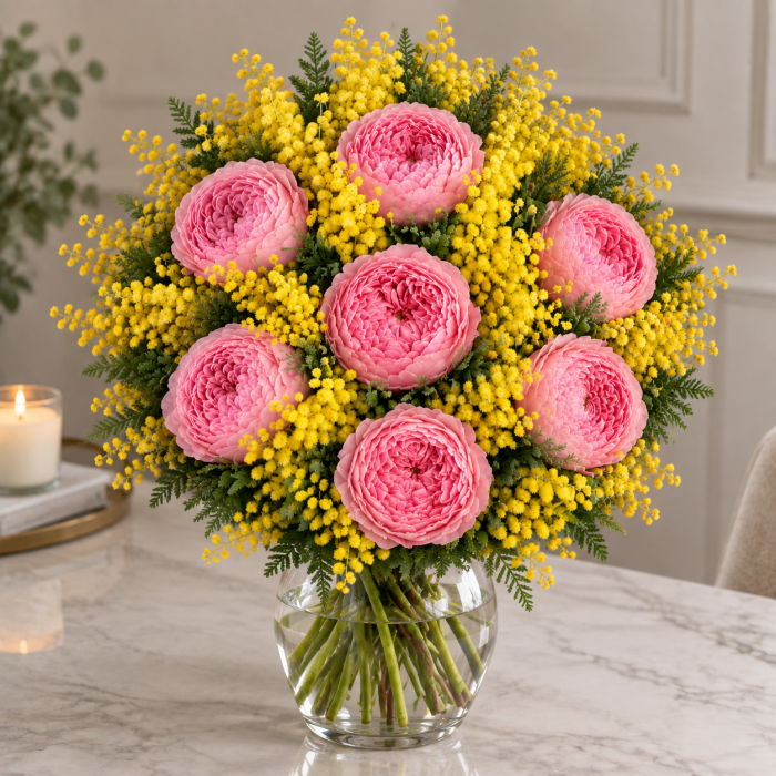 Букет мимозы и пионовиодной розы, фото 3