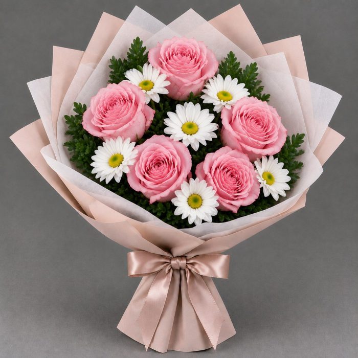 Букет розовых роз и ромашек